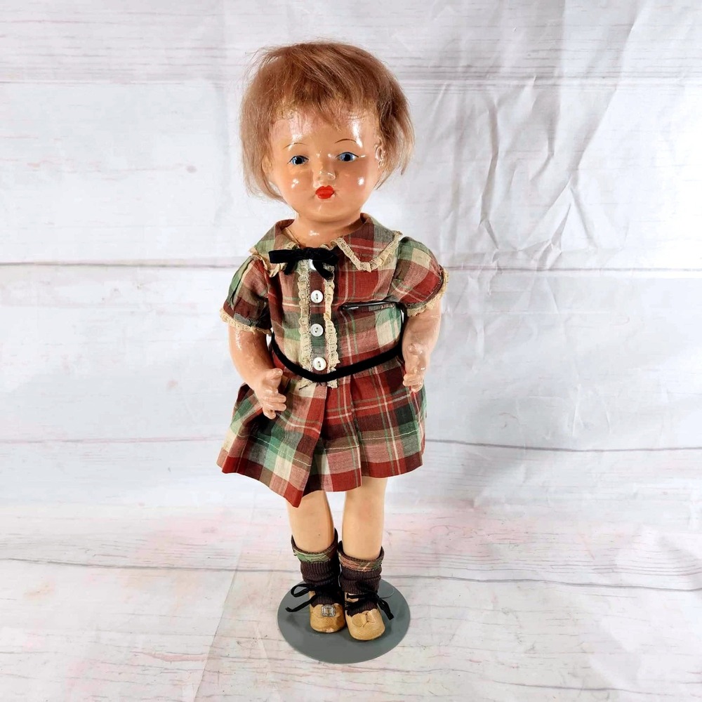 Vintage Composition Doll 1920s 17 Inch Plaid Dress